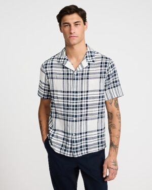 Textured Woven Plaid Cotton Short Sleeve Shirt