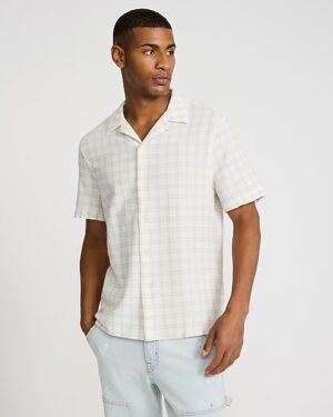 Textured Grid Plaid Cotton Stretch Short Sleeve Shirt