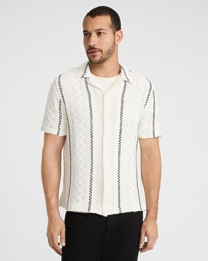 Textured Crochet Striped Short Sleeve Shirt