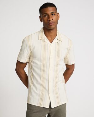 Textured Embroidered Striped Short Sleeve Shirt