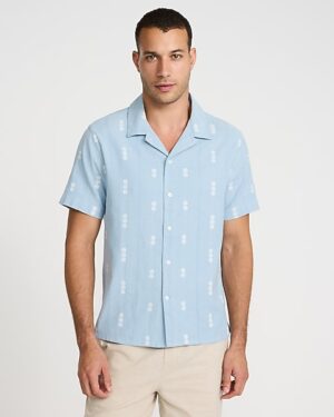 Textured Floral Striped Cotton-Blend Short Sleeve Shirt