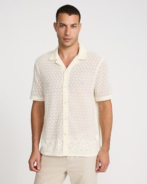 Sheer Lace Cotton-Blend Short Sleeve Shirt