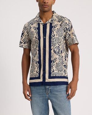 Dobby Textured Floral Striped Cotton Short Sleeve Shirt
