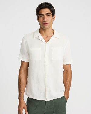 Textured Crinkle Cotton Relaxed Short Sleeve Shirt