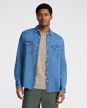 Light Wash Denim Western Double Pocket Flannel Shirt