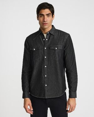 Black Wash Denim Western Double Pocket Flannel Shirt