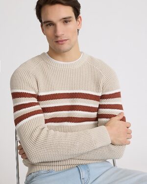 Striped Waffle Knit Cotton Crew Neck Sweater