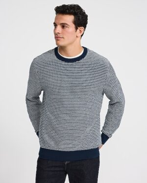 Textured Striped Crew Neck Cotton Sweater