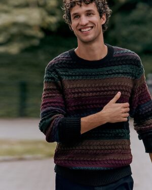 Striped Cotton Cable Knit Crew Neck Sweater
