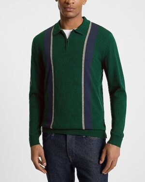 Striped Merino Wool Long Sleeve Sweater Polo