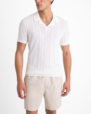 Open Cable Knit Cotton Short Sleeve Sweater Polo