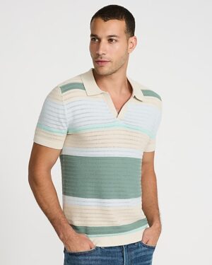 Striped Cotton Johnny Collar Sweater Polo