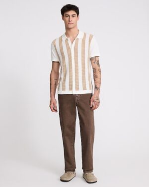 Textured Striped Cotton Short Sleeve Sweater Polo