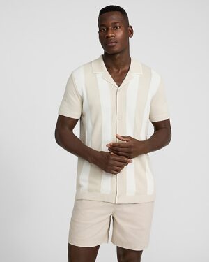 Textured Striped Cotton Short Sleeve Sweater Polo