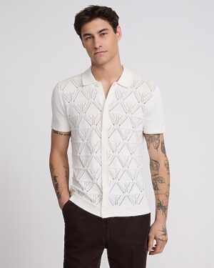 Geo Pointelle Cotton Short Sleeve Sweater Polo
