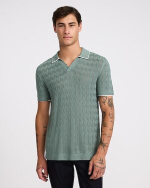 Tipped Herringbone Johnny Collar Short Sleeve Sweater Polo