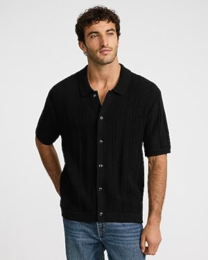 Textured Striped Cotton Short Sleeve Sweater Polo
