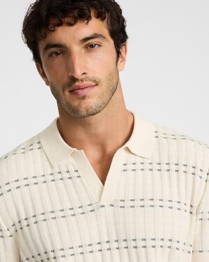 Striped Textured Cotton Johnny Collar Sweater Polo