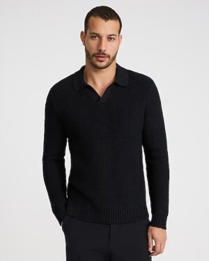 Waffle Knit Johnny Collar Long Sleeve Sweater Polo