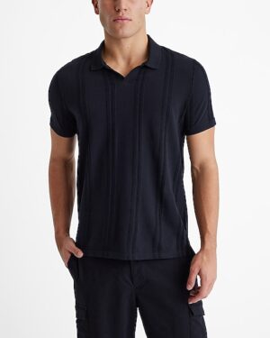 Textured Stripe Cotton Johnny Collar Polo
