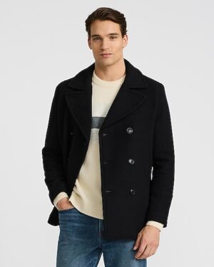 Black Double Breasted Wool-Blend Peacoat