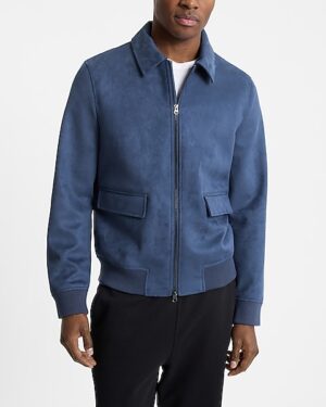 Blue Faux Suede Bomber Jacket