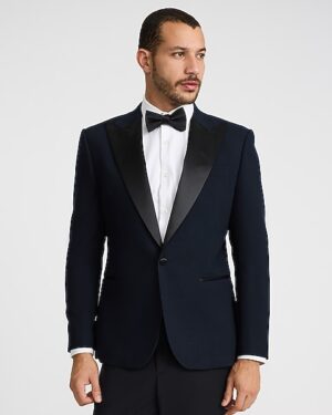 Slim Navy Herringbone Wool-Blend Tuxedo Jacket