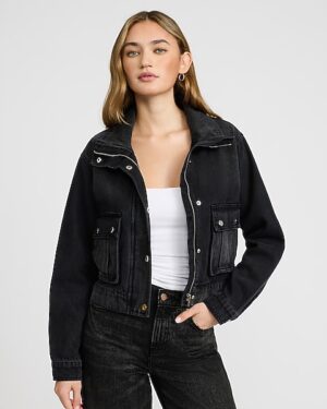 Denim Funnel Neck Snap Front Bomber Jacket