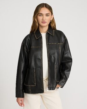 Faux Leather Distressed Seam Jacket