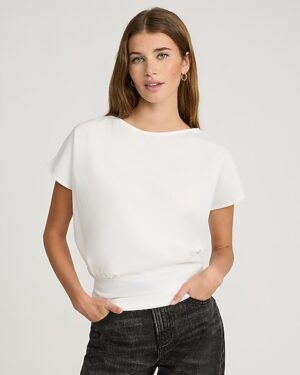 Crepe Crew Neck Side Ruched Banded Hem Tee