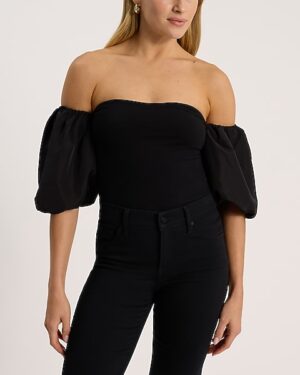 Body Contour Stretch Cotton Off The Shoulder Puff Sleeve Bodysuit