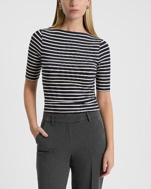 Striped Fitted Boat Neck Elbow Sleeve Tee