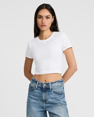 Body Contour Seamless Ribbed Lace Crew Neck Baby Tee