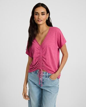 V-Neck Short Sleeve Ruched Tie Front Tee