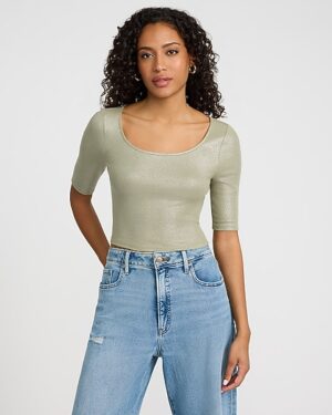 Fitted Ribbed Shine Scoop Neck Elbow Sleeve Tee