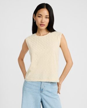 Textured Crochet Crew Neck Cap Sleeve Top