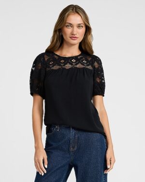 Crew Neck Puff Sleeve Eyelet Pieced Tee