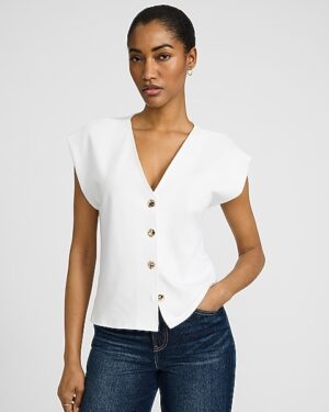 Ponte Cap Sleeve V-Neck Novelty Button Vest Top