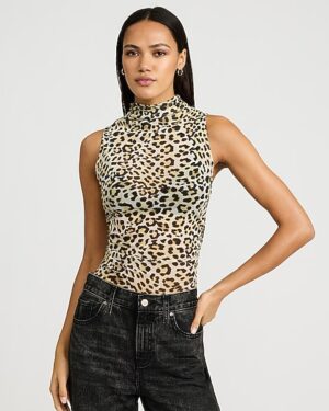 Mesh Leopard Mock Neck Tank