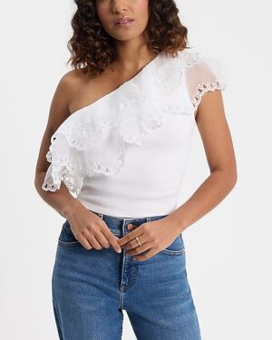 Ribbed Eyelet Ruffle One Shoulder Cropped Tank