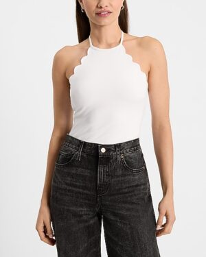 Body Contour Stretch Cotton Halter Neck Scalloped Sleeveless Bodysuit