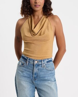 Skimming Metallic Cowl Neck Halter Tank
