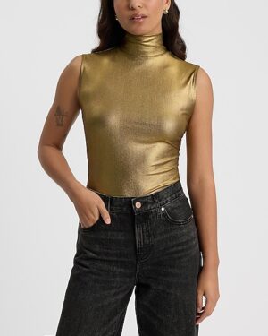 Metallic Gold Mesh Mock Neck Bodysuit
