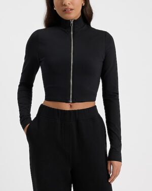 Body Contour Stretch Cotton Mock Neck Front Zip Cropped Long Sleeve Tee