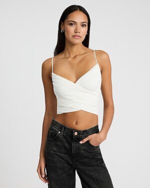 Mesh V-Neck Ruched Surplice Cropped Cami