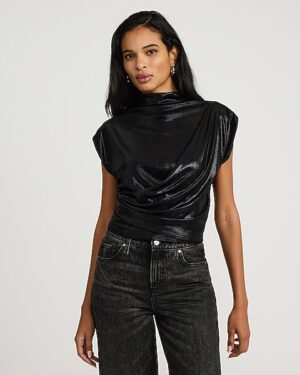 Shine Mock Neck Cap Sleeve Draped Top
