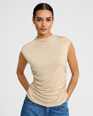 Metallic Mock Neck Cap Sleeve Ruched Tank