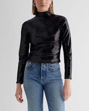Body Contour Sequin Mock Neck Long Sleeve Tee