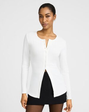 Crew Neck Long Sleeve Cutaway Hem Knit Cardigan