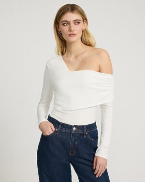 Asymmetrical Neck Long Sleeve Ruched Tee